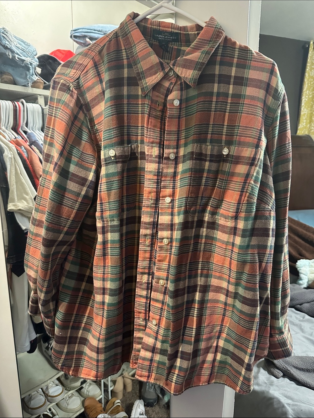 L.L. Bean Men's Plaid Flannel Shirt Jacket in Rust, Green, Brown
